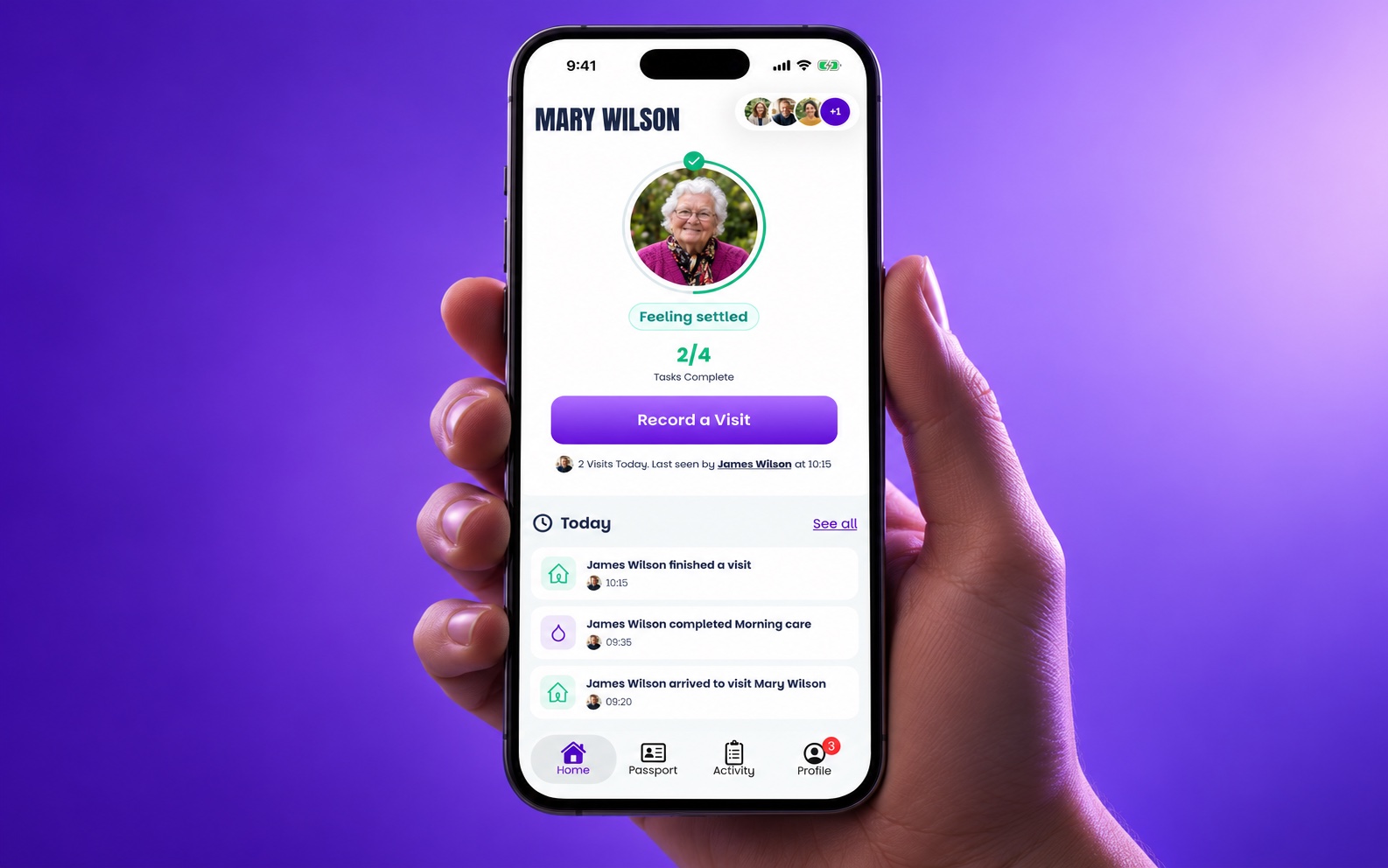 Kinable mobile app showing a family care circle, wellbeing check-in, daily tasks and recent visits.