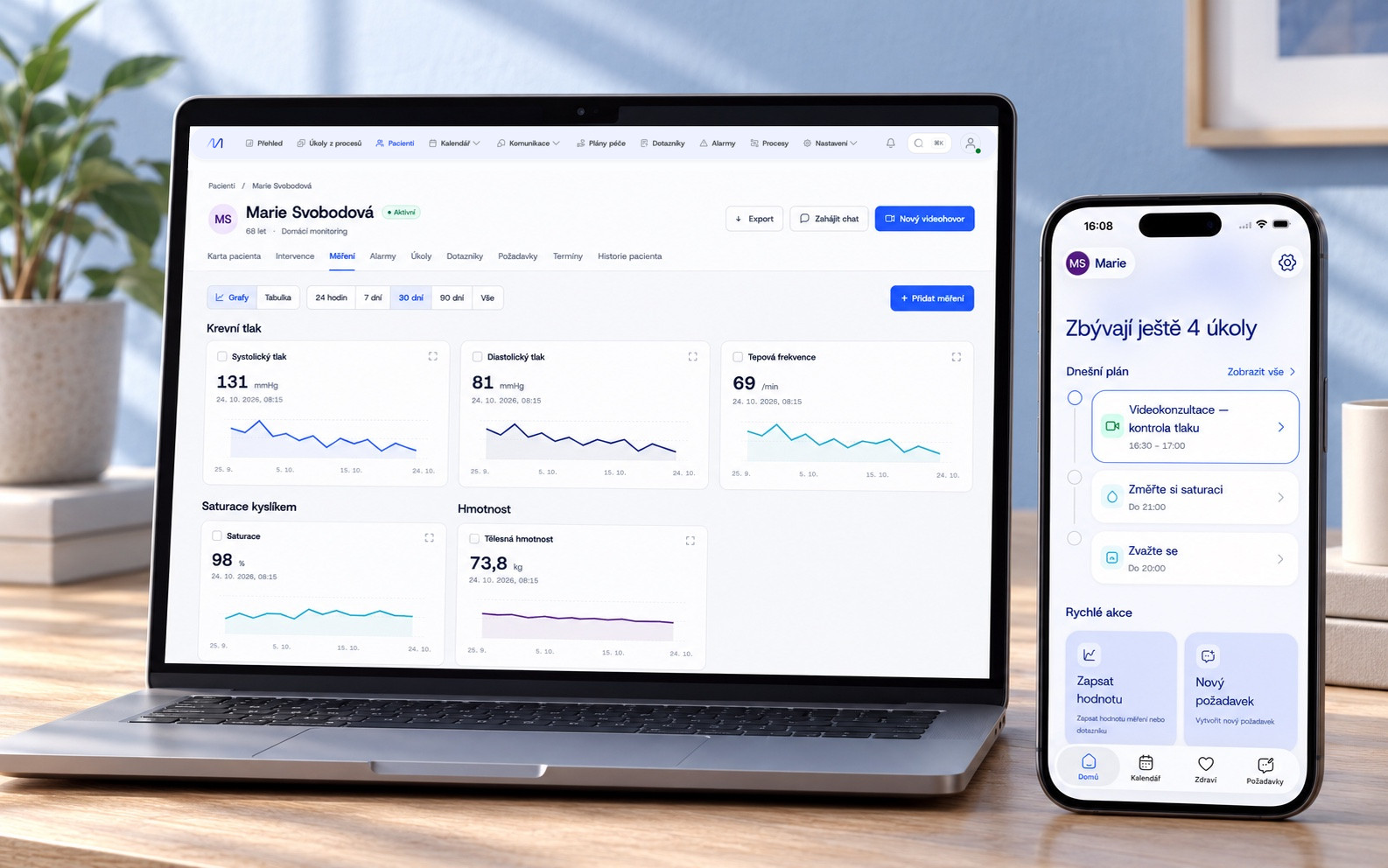 Medihome Care mobile home with a populated care plan, alongside patient measurement graphs on the doctor dashboard.