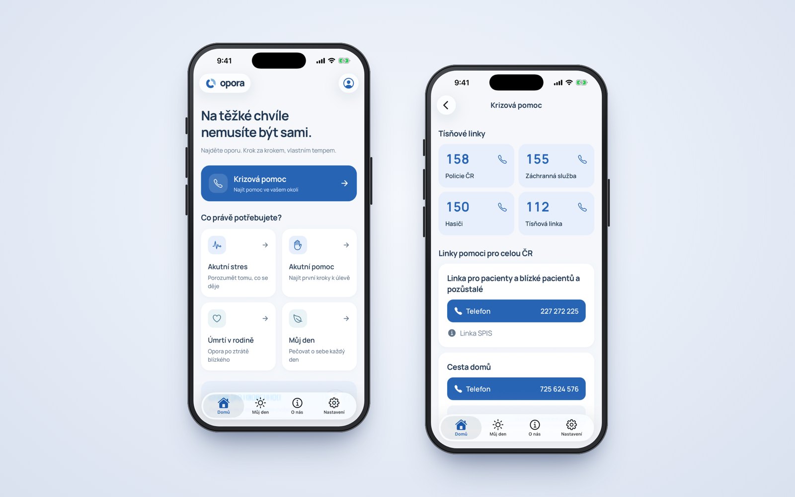 Redesigned Opora mobile app home screen with the crisis help button next to the crisis help screen with emergency numbers and nationwide helplines.